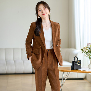 Women's Suit Set Burgundy Double Breasted Wool Blend Office Lady Autumn Anti-Wrinkle Full Sleeve Professional Attire - Product Image 3