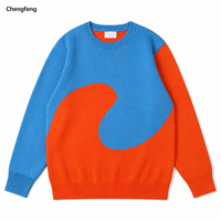 Sweater Grosir untuk Pria Retro Asimetris Warna Blok Berpola Putar Lengan Panjang Kerah Bulat Rajutan Pullover Logo Kustom