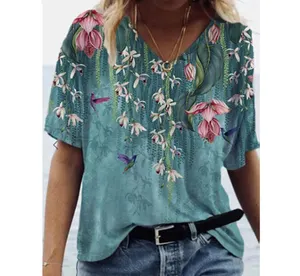 2022 bohem stili yaz bitki çiçek baskı v yaka kısa kollu gevşek kadın T shirt
