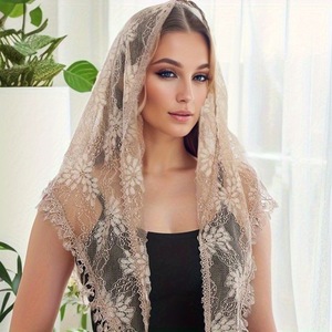 Voile de tête en dentelle florale, léger, couleur champagne, polyvalent, pour la prière, les mariages et les occasions spéciales - Product Image 1
