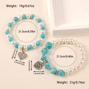 Bracelet perlé en perles et turquoise, pendentif en forme de cœur, bracelet élastique, bijoux pour femmes, cadeau - Product Image 2