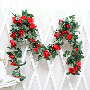 Decoración de pared colgante para fiesta de boda, enredaderas de flores falsas, guirnalda de vid de Rosa Artificial de ratán, E07265