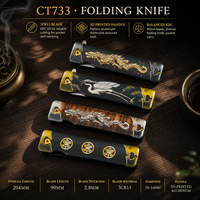 Pisau Lipat EDC CT733 dengan Gagang Aluminium Bermotif Cetak 3D, Bilah Tanto Baja 3Cr13 dengan Lapisan Oksida Hitam dan Tepi Polos, Sistem Pengunci Liner Lock, dan Flipper.