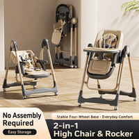Chaise haute pour bébé avec plateau, harnais de sécurité, siège rembourré, repose-pieds et roulettes, pliage en un clic pour transformer en chaise berçante