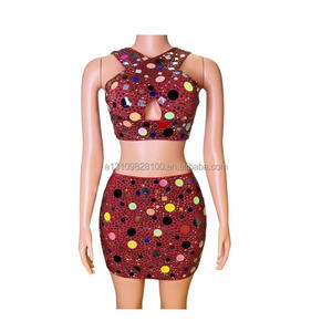 Little Red Tight Sexy Mesh Split Waist Full Diamond Wrapped Hip Falda corta Cantante Dance Team Performance Costume - Product Image 1