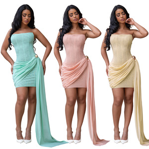 Robe mini crayon sexy sans bretelles, dos nu, drapée avec ceinture – Spandex respirant pour l'été, la plage, les vacances, les séances <span class=keywords><strong>photo</strong></span>, les soirées et les clubs - Product Image 1