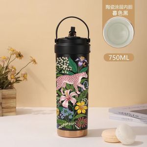 High Appearance Level <b>Large</b>-Capacity European Style Floral Pattern Portable Ceramic Inner Liner Insulated Coffee <b>Mug</b> Straw for - Product Image 2