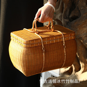 Anji Difu Bingzhu <b>Bamboo</b> Woven Storage Box With Handle Rectangle Food <b>Container</b> Portable Travel Gift - Product Image 4