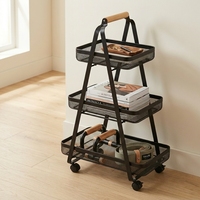 Chariot utilitaire à 3 niveaux avec poignée en bois, chariot de rangement en métal grillagé, organisateur mobile pour cuisine, salle de bain, bureau