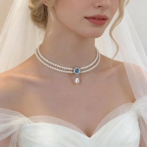 Collar de Perlas Artificiales Clásico para Novia, <span class=keywords><strong>Gargantilla</strong></span> de Doble Hilera con Colgante de Gema - Product Image 1