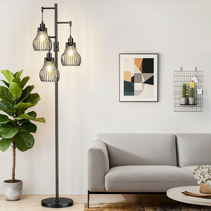 Industrial Floor <b>Lamp</b> With Adjustable Height Black Metal Cage Shade E26 Base For Living Room Bedroom <b>Office</b> - Product Image 1