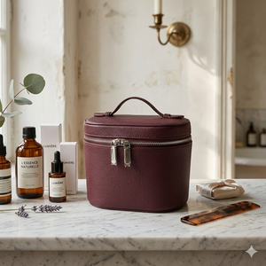 Burgundy Litchi Pattern PU Leather Makeup Bag Cylindrical Travel Toiletry Case <b>Large</b> Capacity Vanity Organizer Cosmetic <b>Box</b> Hand - Product Image 6