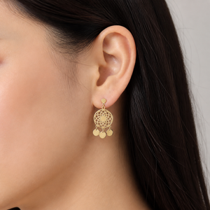 Pendientes de disco calados de acero inoxidable chapados en oro de 14K al vacío, con tres colgantes de 36 mm, joyería - Product Image 4