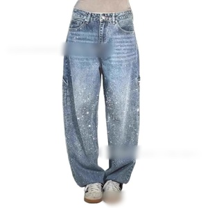 Viviblook Z102PT01 <b>Women</b> Vintage Denims Streetwear Diamonds Pants Stretch High Waist Washed Distressed Pockets Straight <b>Jeans</b> - Product Image 5