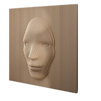 Sculpture murale en bois paramétrique Wabi Sabi, visage abstrait 3D à lattes, panneaux de bois minimalistes pour entrée de spa ou d'hôtel