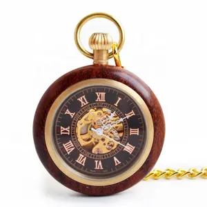 Custom Wooden Material Copper Two Tone Pocket Watch Without Cover Automatic Skeleton Watch Pocket