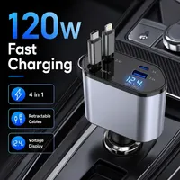 Cargador de Coche Retráctil de 120W, 12-24V, 4 en 1, USB-C, Adaptador de Carga Rápida para iPhone, Accesorios para Samsung