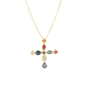 ROXI - Collar con Colgante de Cruz de Oro de 18k y Circonitas de Colores, Joyería para Mujer - Product Image 1