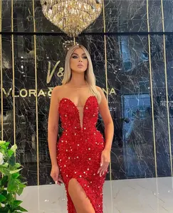 Sexy Women Celebrity Party Cocktail Long Runway Red Sequins Runway Evening Dress