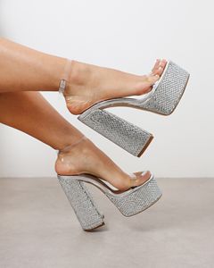 Sandales à plateforme diamantées <span class=keywords><strong>miroir</strong></span> <span class=keywords><strong>argent</strong></span>é pour femmes Chaussures Lady Pumps Chaussures Rhinestone PVC Strap Platform Shining Ankle Strap Sandals - Product Image 1