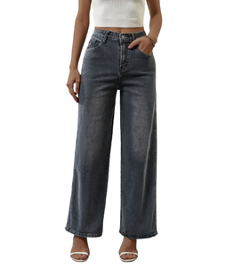 <span class=keywords><strong>Jean</strong></span> droit <span class=keywords><strong>gris</strong></span> clair en denim pour femme/maman, taille haute très extensible, motif uni, coupe ample - Product Image 2