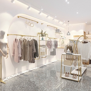 Duvar montaj kadın giyim mağazası vitrin rafları paslanmaz çelik altın elbise vitrin rafı çocuklar için giysi ekran rafları - Product Image 1