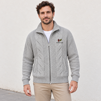 Cardigan zippé surdimensionné en maille torsadée gris clair OEM pour homme, col montant, sweat-shirt à capuche avec poches