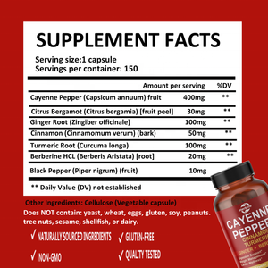 Complexe de piment de Cayenne à marque privée avec cannelle, curcuma, gingembre et berbérine, 150 capsules, soutient le métabolisme et la santé - Product Image 2