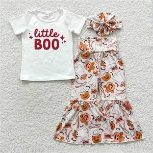 GSPO0723halloween boutique outfits for girls little boo White short sleeve top Pumpkin Cowboy Ghost two piece 12 year old girl