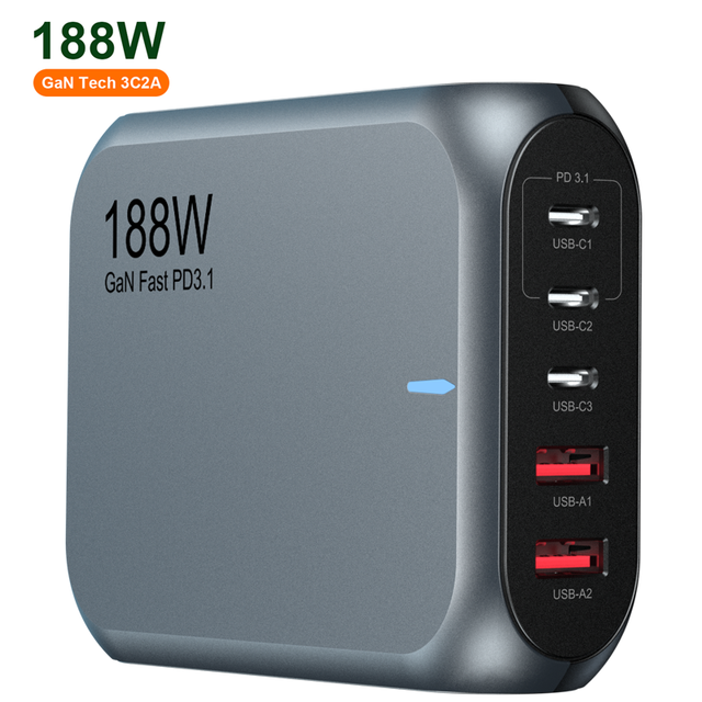 188W 140W Multi-port Desktop Charger 5 Port GaN PD 3.1 Fast Portable Type C Charger 3C2A With EU US UK AU Plug for I Phone 16 17