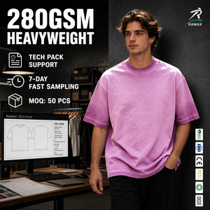 RAMAX T-Shirt Rosa Oversize in Cotone Pesante 280GSM, Effetto Vintage, Streetwear, Vendita all'Ingrosso, <span class=keywords><strong>Abbigliamento</strong></span> Personalizzato OEM - Product Image 1