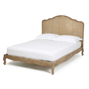Letto <span class=keywords><strong>in</strong></span> <span class=keywords><strong>Legno</strong></span> di Quercia <span class=keywords><strong>Massello</strong></span> Stile Francese Retrò con Rattan Naturale, Extra Large, Fatto a Mano - Product Image 1