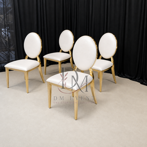Chaise de mariage ronde rembourrée avec dossier en acier inoxydable doré et coussin blanc pour événements de mariage et banquets - Sièges pour événements - Product Image 3