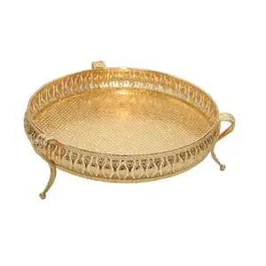 China Custom Table Decor Round Gold Plated Iron Stock Serving Tray With Handle Saudi Arabia Embossed Golden Metal Tray Set