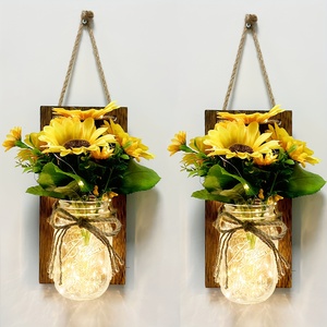 2 lampes murales rustiques en bois de style Mason Jar avec fleurs artificielles tournesol et pivoine, décoration festive de Noël pour le <span class=keywords><strong>salon</strong></span> - Product Image 1