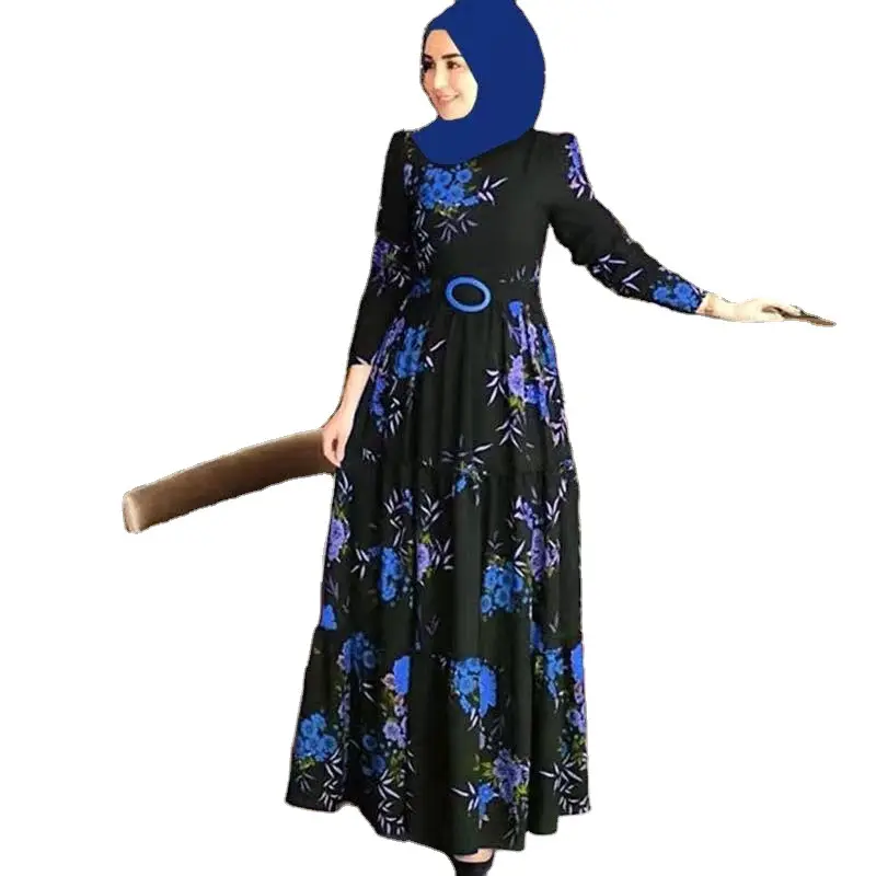 2022 Groothandel Moslim Jurk Abaya Lange Bloem Mouwen Print Vrouwen Jurk Moslim Prom Dresses Traditionele Moslim Kleding