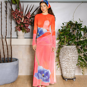 เดรสยาวพิมพ์ลายคอวี แขนยาว ทรงเข้ารูป ผ้ารัชเชอร์ ผ่าสูง สำหรับงานพรอม สไตล์ยุโรปอเมริกัน - Product Image 1