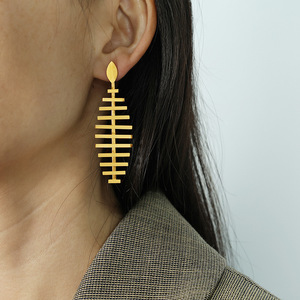 Boucles d'oreilles géométriques en forme d'arête de poisson, en alliage de Zinc doré, pour femmes, bijoux à la mode pour fête, EH86 - Product Image 2