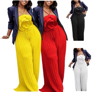 D554 Nouvelle Collection <span class=keywords><strong>Combinaison</strong></span> Printemps Femme Sexy Halter <span class=keywords><strong>Grande</strong></span> Fleur Couleur Unie Jambes Larges Plissée Style Africain - Product Image 1