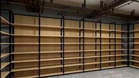 Étagères métalliques à grain de bois de qualité supérieure, présentoirs gondoles double face pour boutiques, magasins de cosmétiques et librairies