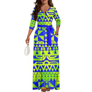 Venta caliente estilo <span class=keywords><strong>Marquesan</strong></span> tatuaje polinesio personalizado ecológico Casual Formal Normcore mujer cuello en V vestido largo - Product Image 2