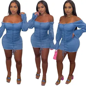 Plus Size Sexy Fashion Long Sleeve Off Shoulder Ruffle Type Flare Sleeve Denim Skirts Jeans Dress For Women