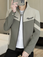 Blouson bomber décontracté pour homme, style coréen, col montant, coupe ajustée, en laine, zippé, avec doublure fine en fourrure, effet délavé, coupe-vent, rayé, Printemps Automne