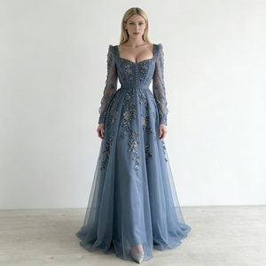 Robes pour femmes bleues à col cœur, manches longues transparentes, broderie florale, ceinture perlée, <span class=keywords><strong>robe</strong></span> de soirée maxi en tulle - Product Image 1