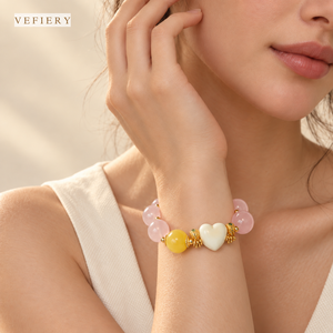 Pulsera de cuentas mixtas de cuarzo rosa con cuentas decorativas amarillas y blancas - Product Image 2