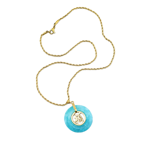 Chaîne en acier inoxydable plaqué or 18 carats NZ1490 avec chaîne en corde pavée de CZ, couleur jade vert aquamarine, cœur avec inscription chinoise de bénédiction, bon fu - Product Image 3