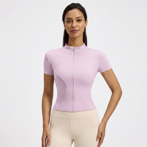 Wholesale Women Full Zip Stand Collar Short Sleeve <b>Yoga</b> Crop <b>Jackets</b> Slim Fit Plus Size Athletic Tops Stretchy Gym Workout Shirt - Product Image 2