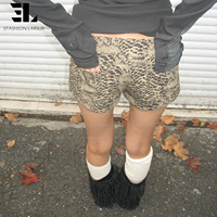 Celana Pendek Wanita LARSUR Custom Factory Motif Leopard, Model Jorts, Distressed Washed, Musim Panas, Model Crop