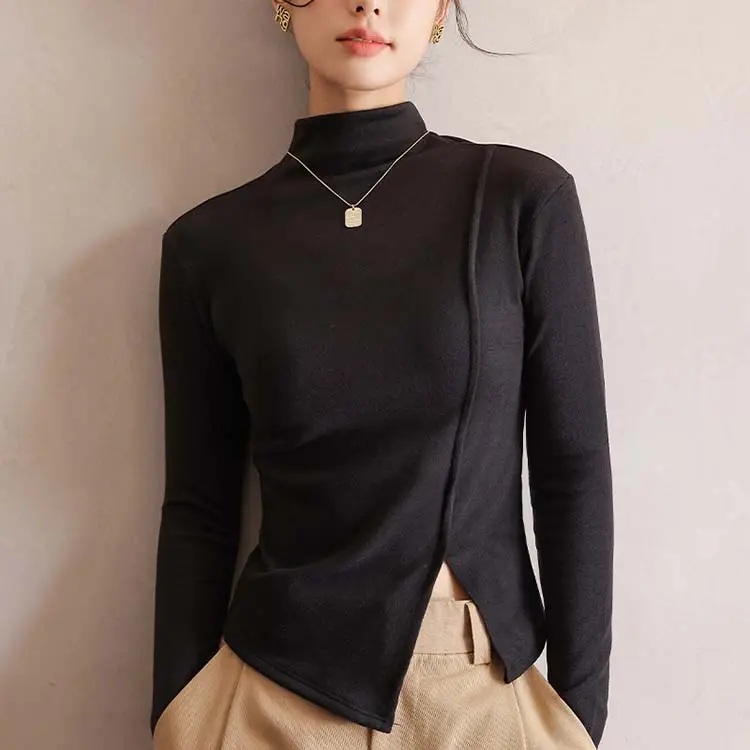 Camicia da donna a maniche lunghe lavorata a maglia maglia elastica aderente aderente top a collo alto t-Shirt da donna