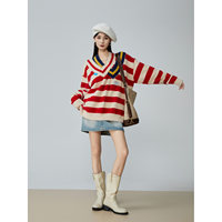 Pull personnalisé pour femme, rayures rouges et blanches, tricot jacquard, col en V double, style preppy, vêtements pour femmes